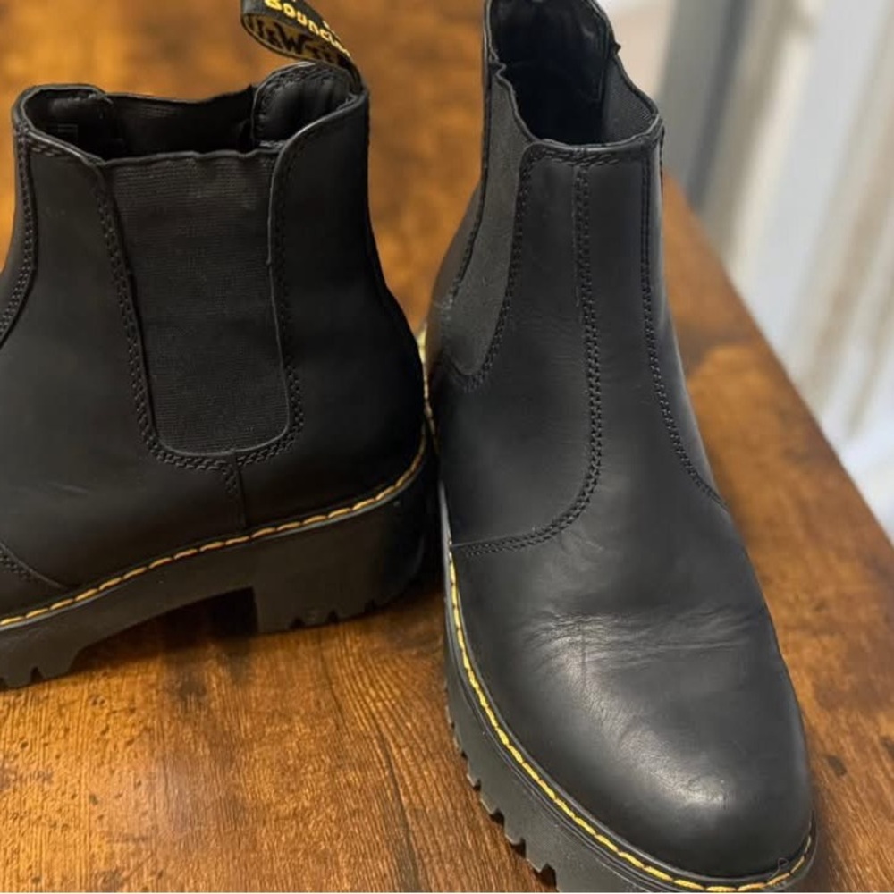 Dr. Martens Black Leather Chelsea Boots with Yellow Stitching